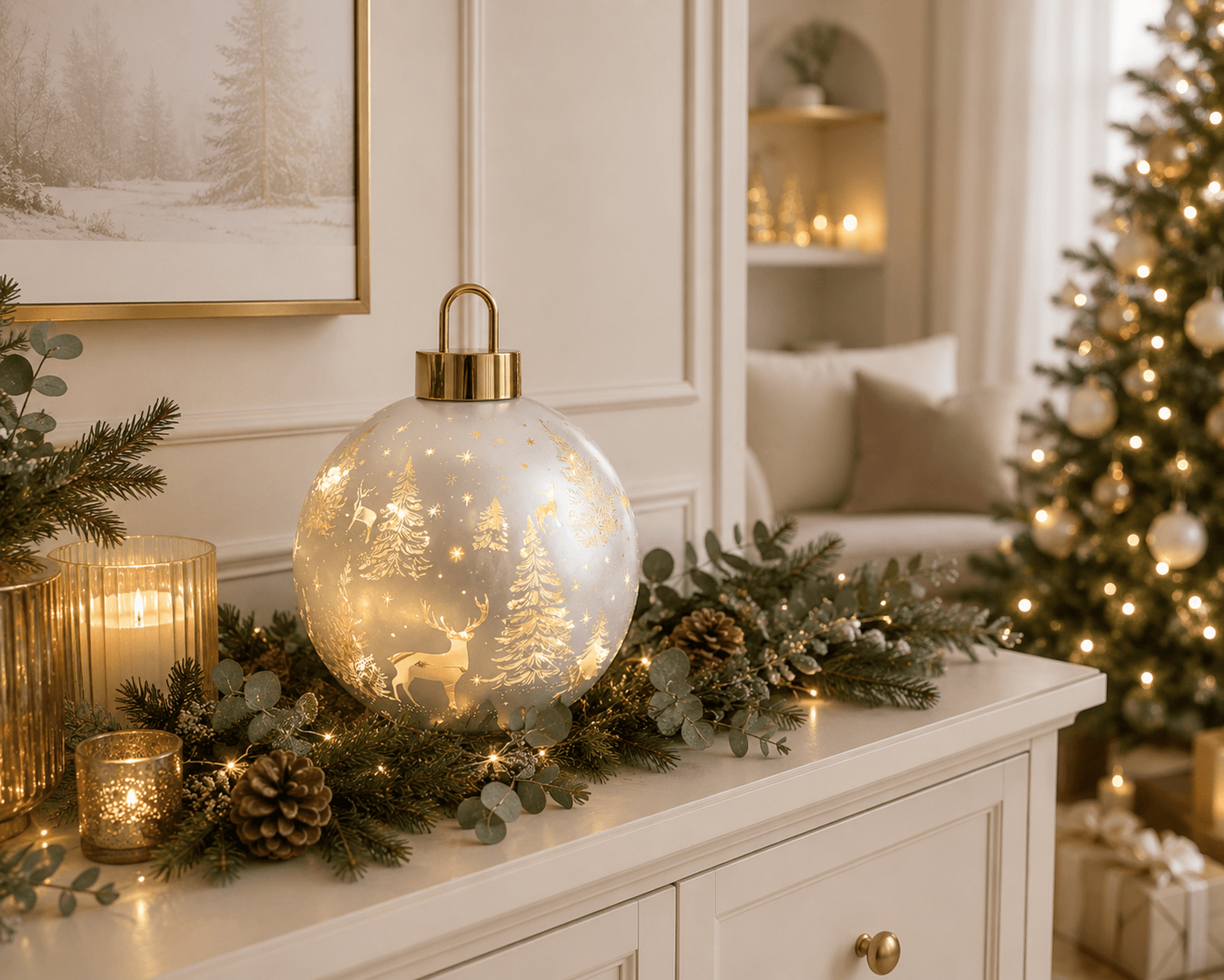 Biela LED vianočná guľa 20 cm