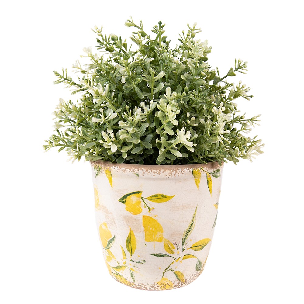 Béžový keramický obal na kvetináč s citrónmi Lemonio S - Ø14*14 cm
