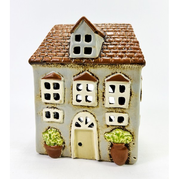 Keramický domček na čajovú sviečku, sivý 16,5x13,5x9,5 cm