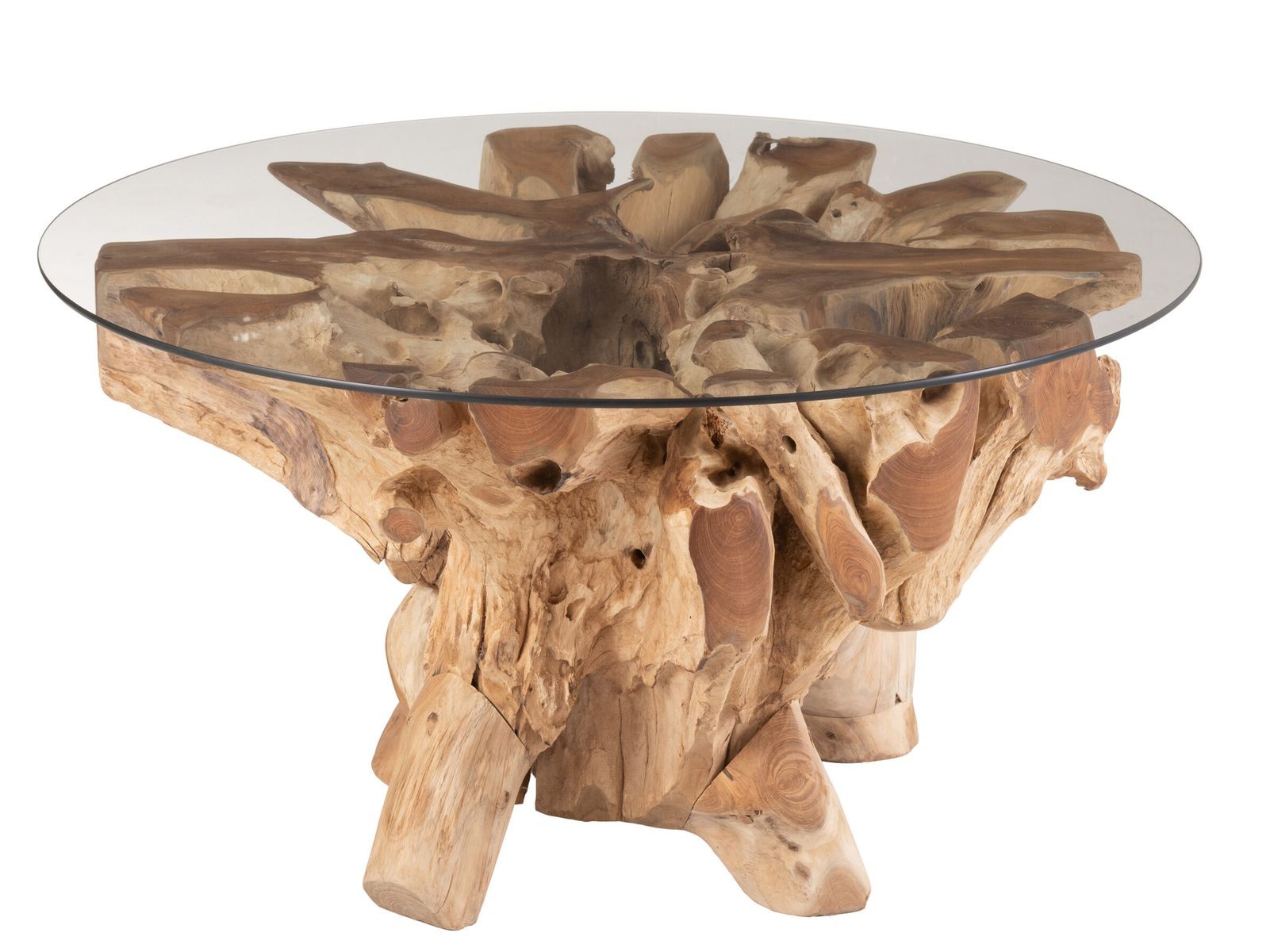 Prírodný coffee stôl z teakového dreva a sklenenou doskou na kmeni Raoul teak - Ø90*45cm